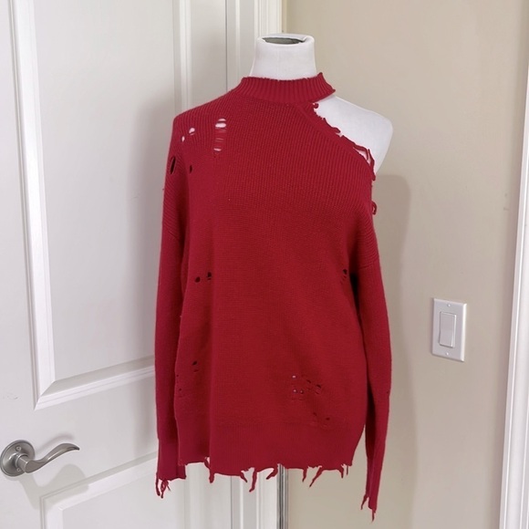 LOVERS + FRIENDS REVOLVE Arlington Distressed Thrashed Wool Blend Red Sweater XS - Picture 2 of 9